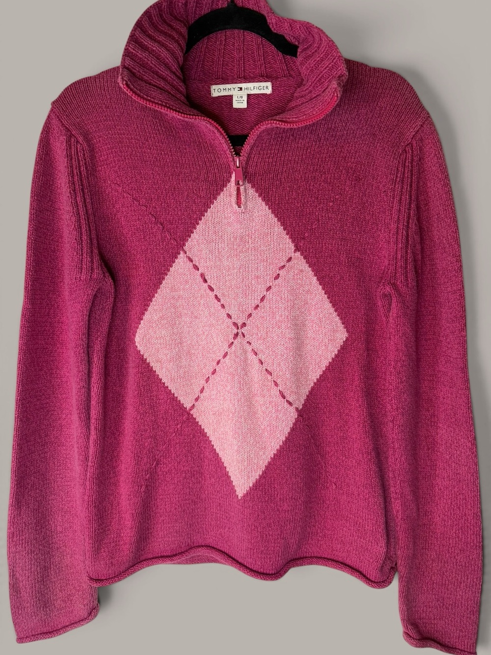 Tommy Hilfiger Women's Magenta & Light Pink Argyle Quarter-Zip Sweater